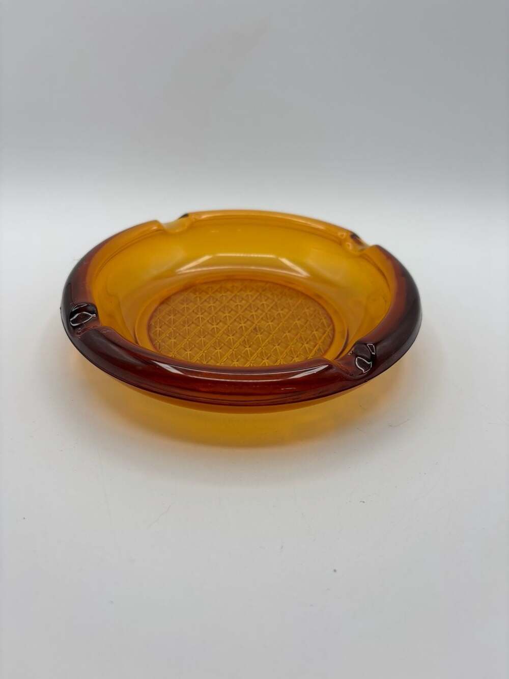 Vintage Mid-Century Modern Amber Glass Ashtray with Diamond Pattern Waffle Base